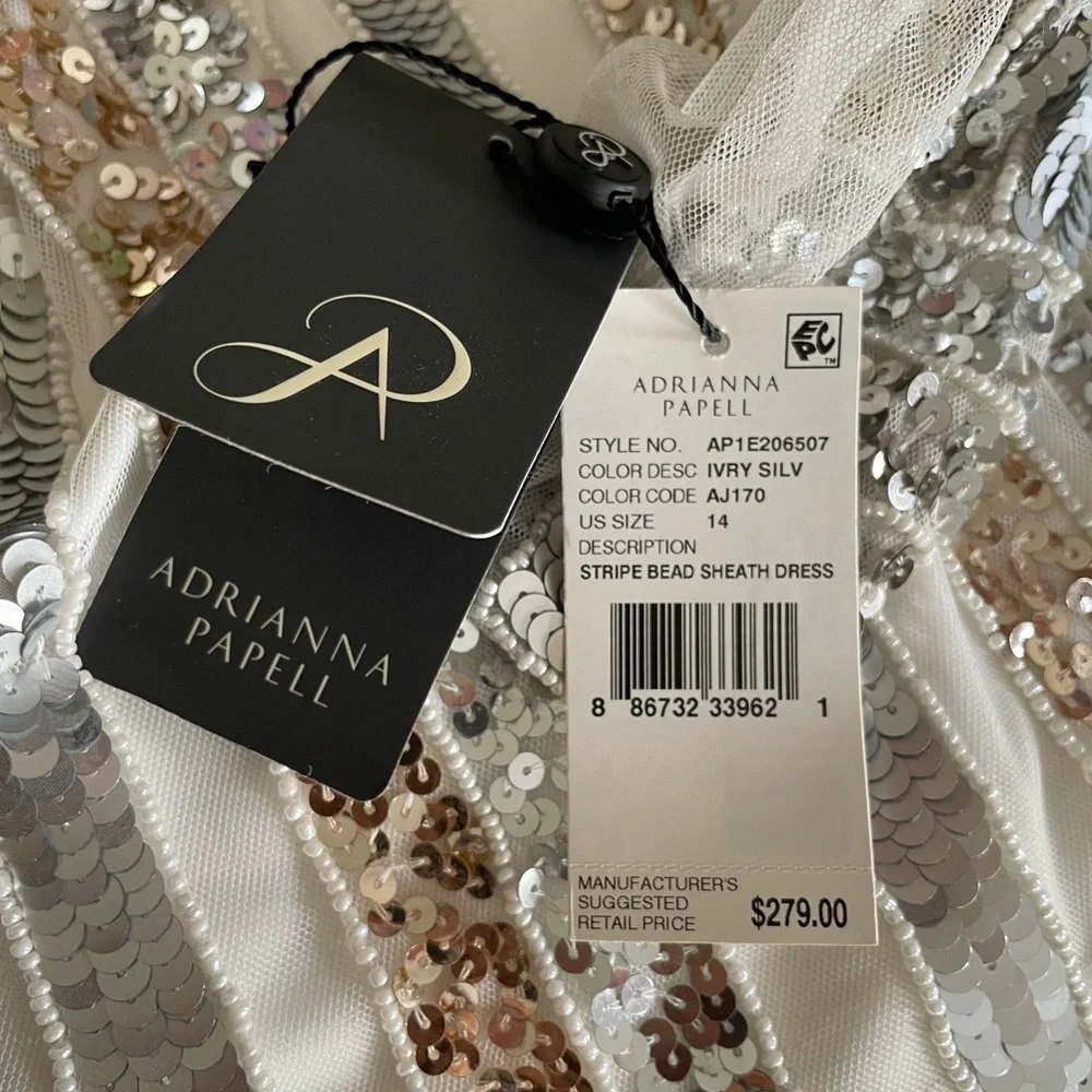 Adrianna Papell Ivory, Silver and Gold Stripe Sequin and Bead Sheath Dress 14